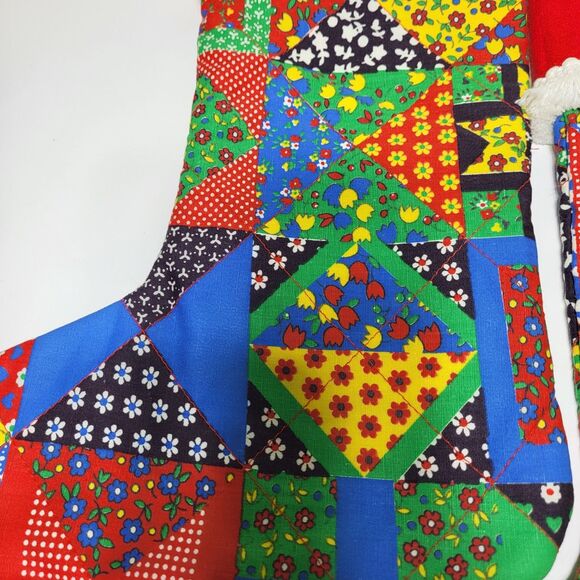 Vintage Patchwork Christmas Stocking Primitive Farmhouse Fringe Set of 2 - Picture 3 of 16